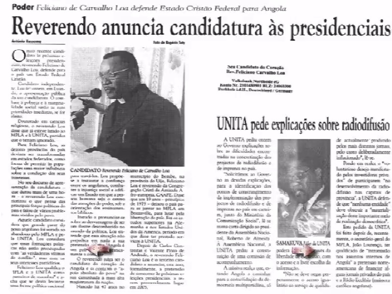 Recorte de imprensa com o anúncio da candidatura presidencial de Feliciano de Carvalho Loa