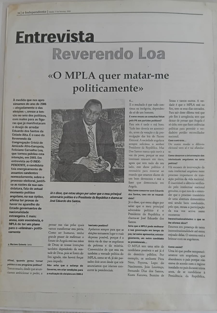 Página 16 de O Independente com entrevista ao Reverendo Loa